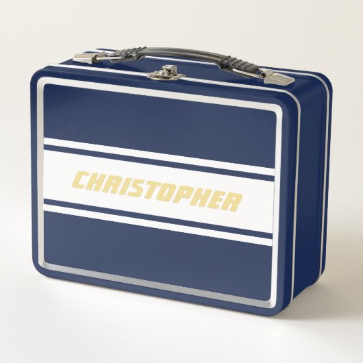 White Racing Stripes Gold Monogram Kids Boys Blau Metall Brotdose (Vorderseite)