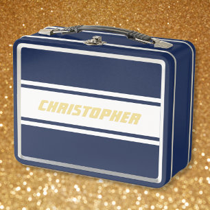 White Racing Stripes Gold Monogram Kids Boys Blau Metall Brotdose