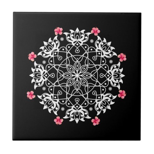 White Rangoli mit Hibiskus Fliese (Vorderseite)