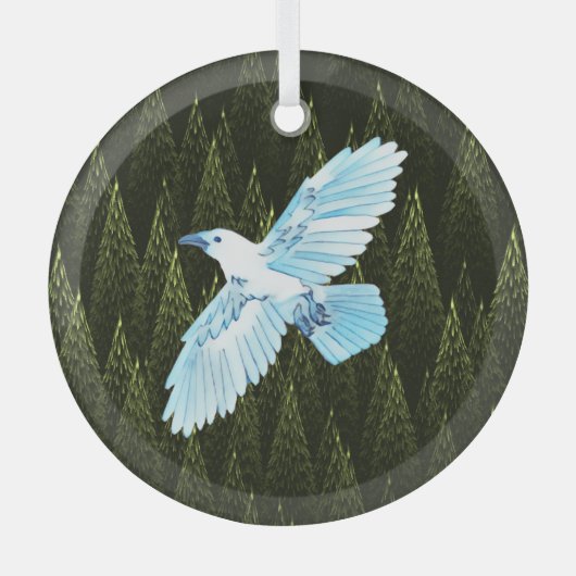 White Raven on Fraktal Conifers Ornament Aus Glas (Vorderseite)