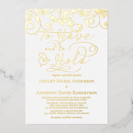 White Real Gold Foil, um eine Herzhochzeit abzuhal Folieneinladung (Vorderseite)