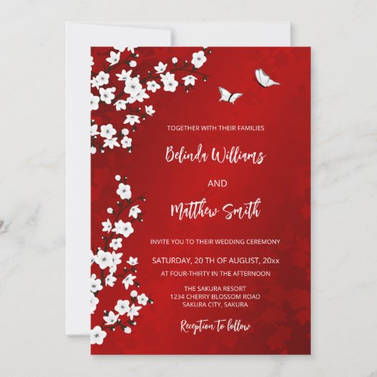 White Red Cherry Blossom | Wedding Einladung (Vorderseite)