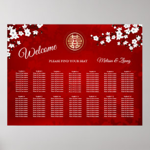 White Red Chinese Wedding Seating Chart Poster