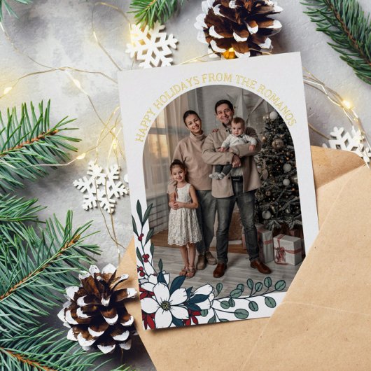 White Red Florals Arch Foto Happy Holidays Folien Feiertagskarte