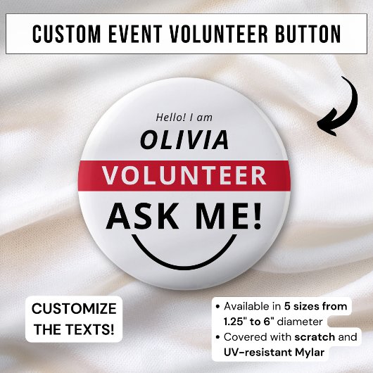 White Red Frag Me Volunteer Abzeichen Event Name T Button