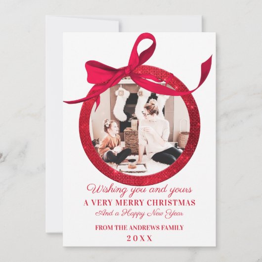 White Red Glitzer Bow Ornament Foto Weihnachten (Vorderseite)