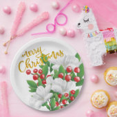 White Red Green Floral Gold Frohe Weihnachten Pappteller (Party)