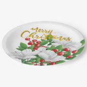 White Red Green Floral Gold Frohe Weihnachten Pappteller (Schrägansicht)