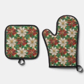 White Red Green Gold Poinsettia Ofenhandschuh & Topflappen-Set (Vorderseite)