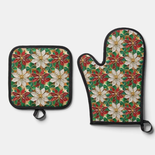 White Red Green Gold Poinsettia Ofenhandschuh & Topflappen-Set (Vorderseite)