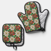 White Red Green Gold Poinsettia Ofenhandschuh & Topflappen-Set (Vorderseite/Rückseite)