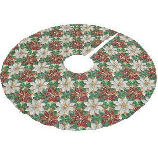 White Red Green Gold Poinsettia Polyester Weihnachtsbaumdecke
