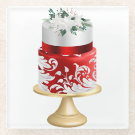 WHITE & RED HOLIDAY CHRISTMAS CAKE GLASUNTERSETZER
