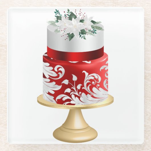 WHITE & RED HOLIDAY CHRISTMAS CAKE GLASUNTERSETZER (Vorderseite)