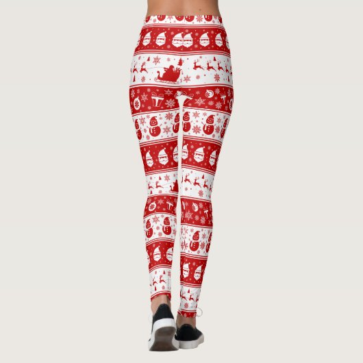 White & Red Santa Face and Snowman Pattern Full Leggings (Rückseite)