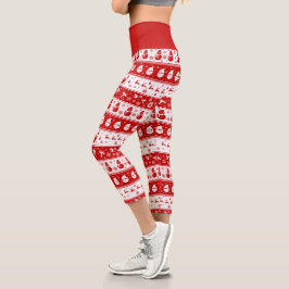 White & Red Santa Face und Snowman Pattern Capri Leggings