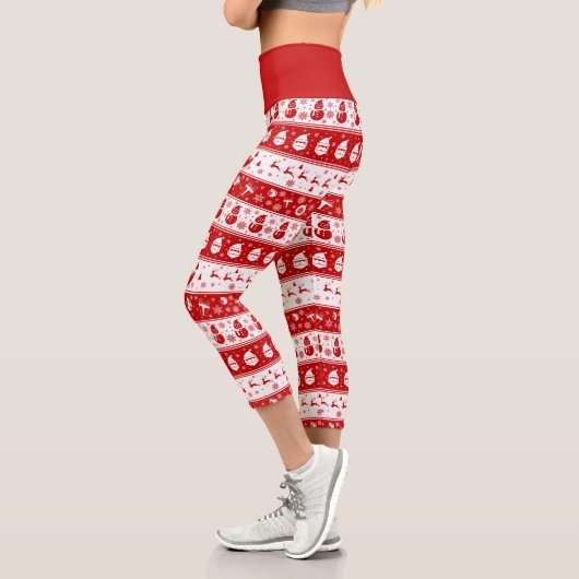 White & Red Santa Face und Snowman Pattern Capri Leggings (Links)