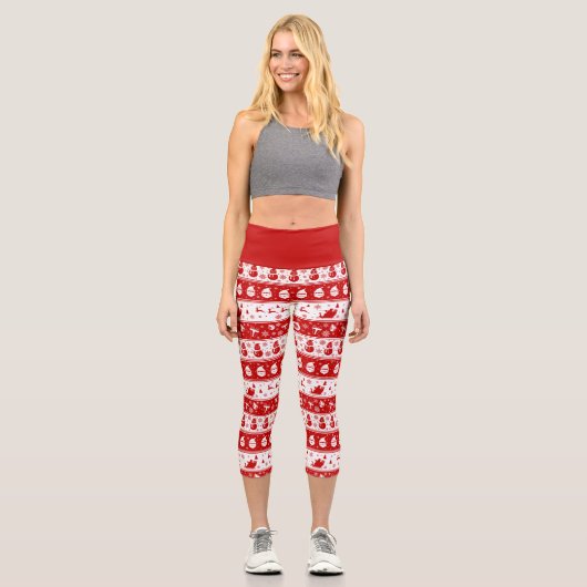 White & Red Santa Face und Snowman Pattern Capri Leggings (Vorderseite)