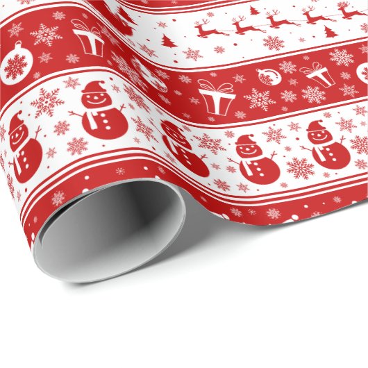 White & Red Santa Face und Snowman Pattern Geschenkpapier (Rolleneckpunkt)