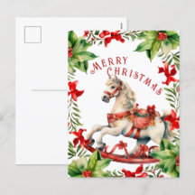 White Red Vintag Rocking Horst Weihnachten Postcar