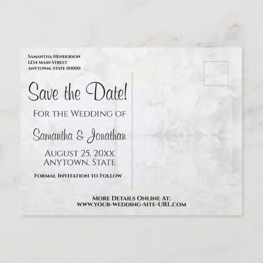 White Reflections Wedding Save the Date Postcard Postkarte (Rückseite)