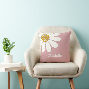 White Retro Modern Daisy Blume Individuelle Name Kissen