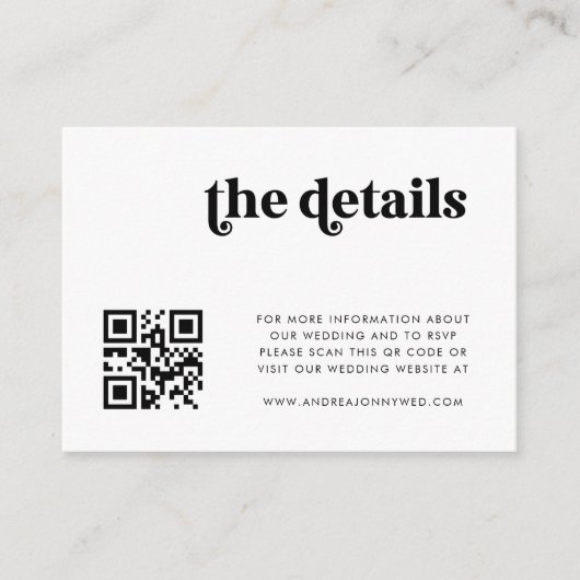White Retro Script QR Code Einfache Hochzeitdetail Begleitkarte (Vorderseite)