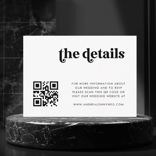 White Retro Script QR Code Einfache Hochzeitdetail Begleitkarte