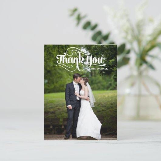 White Retro Script Wedding Danke Postcard Postkarte (Stehend Vorderseite)