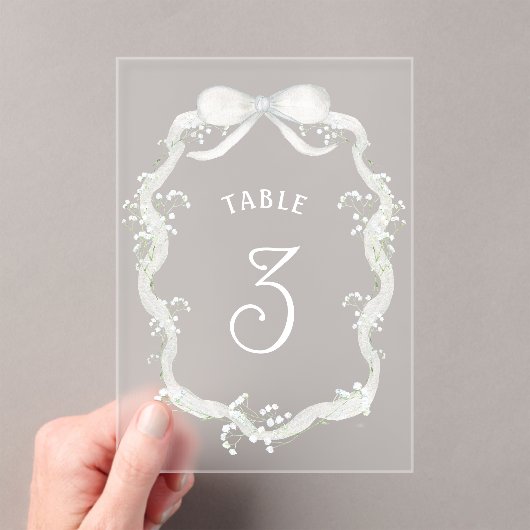 White Ribbon Baby's Breath Acrylic Table Number Acryleinladungen (Insitu (Handheld))