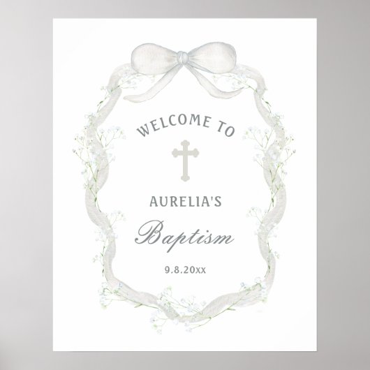 White Ribbon Baby's Breath Baptism Welcome Poster (Vorne)