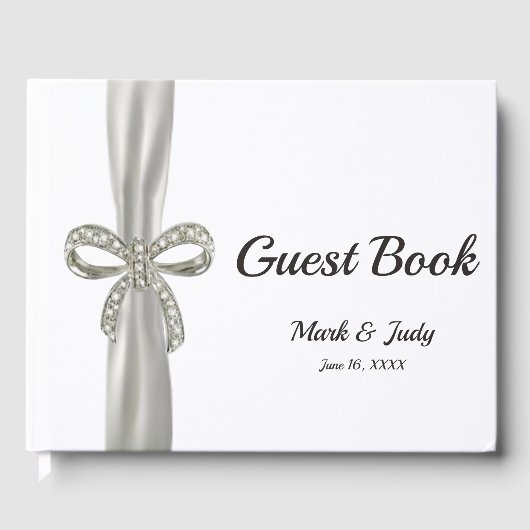 White Ribbon Diamond Bow Wedding Guestbook Gästebuch (Vorderseite)