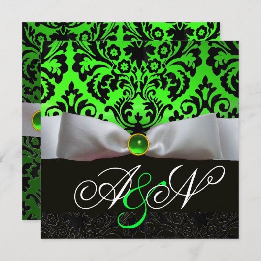 WHITE RIBBON EMERALD GREEN BLACK DAMASK MONOGRAMM EINLADUNG (Vorne/Hinten)