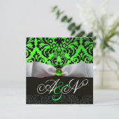 WHITE RIBBON EMERALD GREEN BLACK DAMASK MONOGRAMM EINLADUNG (Stehend Vorderseite)