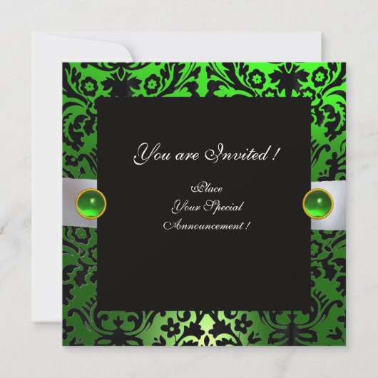 WHITE RIBBON EMERALD GREEN BLACK DAMASK MONOGRAMM EINLADUNG (Rückseite)