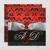 WHITE RIBBON RED BLACK DAMASK MONOGRAM Ruby Einladung (Vorne/Hinten)