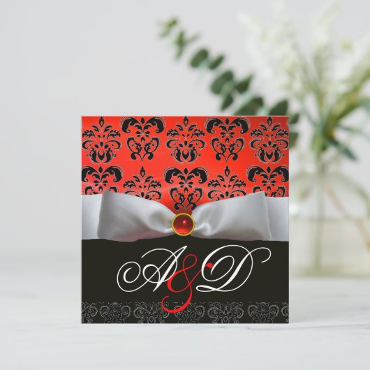 WHITE RIBBON RED BLACK DAMASK MONOGRAM Ruby Einladung (Stehend Vorderseite)
