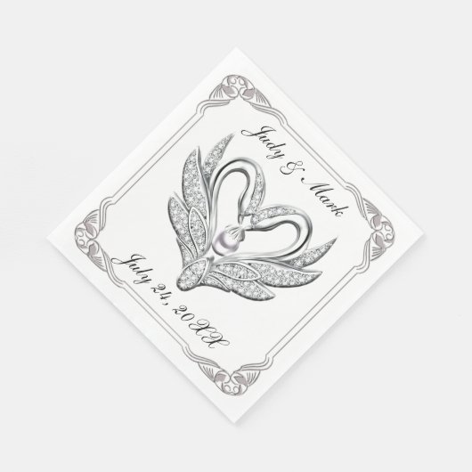 White Ribbon Silver Swans Paper Napkins Serviette (Ecke)