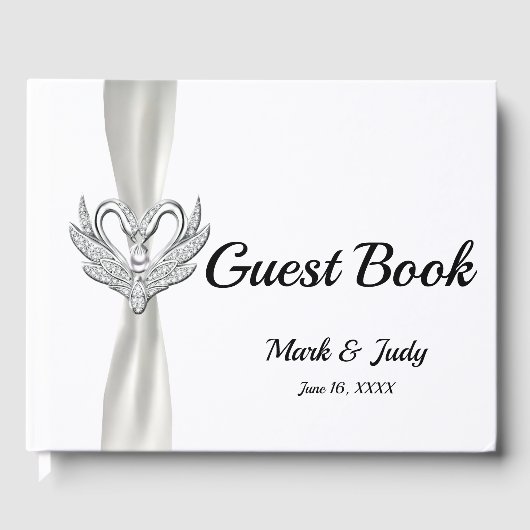 White Ribbon Silver Swans Wedding Gästebuch (Vorderseite)