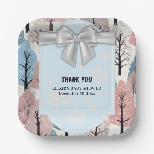 White Ribbon Winter Forest Snowflakes Babydusche Pappteller (Vorderseite)