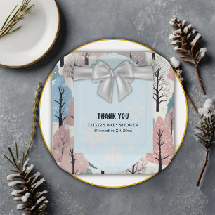 White Ribbon Winter Forest Snowflakes Babydusche Pappteller