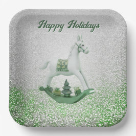 White Rocking Horse Green Weihnachtsfeiertag Pappteller