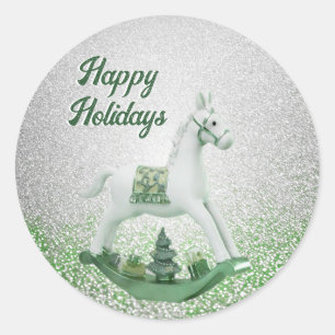 White Rocking Horse Green Weihnachtsfeiertag Runder Aufkleber