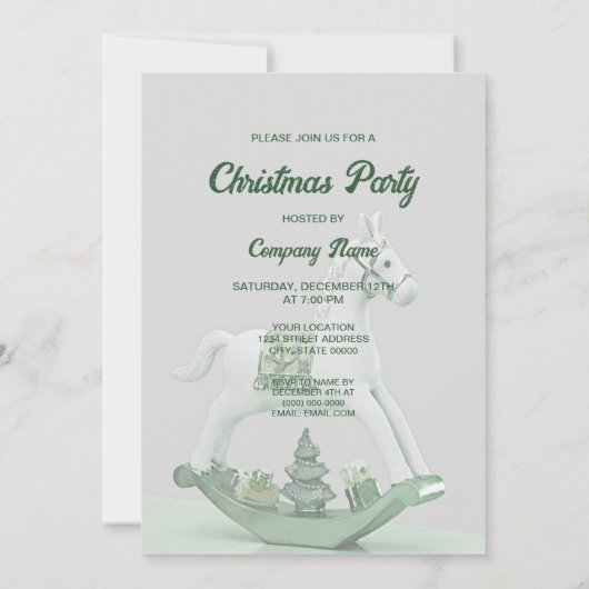 White Rocking Horse Grüne Weihnachtsfeier Einladung (Rückseite)