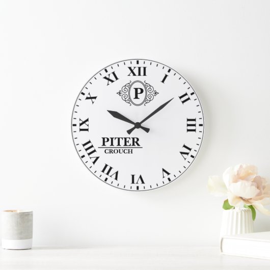 White Roman Numerals Monogram Classic Luxury Große Wanduhr (Zuhause)