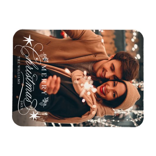 White Romantic Calligraphy Frohe Weihnachten Foto Magnet (Horizontal)