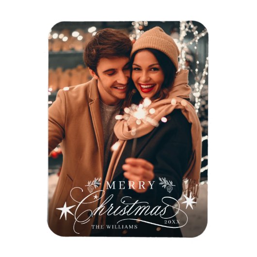 White Romantic Calligraphy Frohe Weihnachten Foto Magnet (Vertikal)