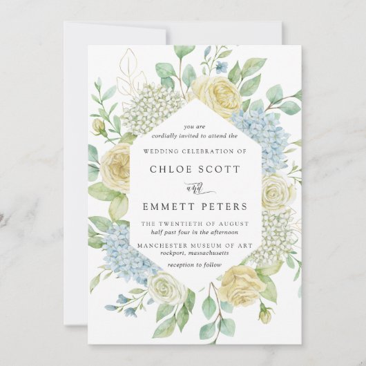 White Rose and Blue Hydrangea Wedding Einladung (Vorderseite)