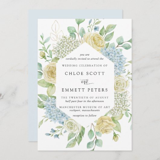 White Rose and Blue Hydrangea Wedding Einladung (Vorne/Hinten)