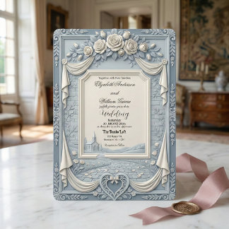 White Rose and Dusty Blue Cream Romance Wedding Einladung